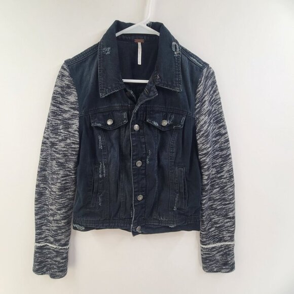 Free People Denim Jacket Layered Knit Hooded Dark Washed Women's Size Small - Picture 2 of 11